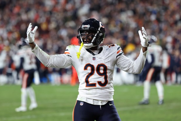 Tyrique Stevenson #29 of the Chicago Bears reacts during the fourth quarter against the Washington Commanders at Northwest Stadium on Oct. 27, 2024 in Landover, Maryland. (Photo by Scott Taetsch/Getty Images)