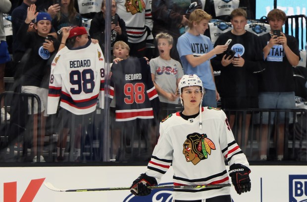 Blackhawks center Connor Bedard warms up for a game against the Utah Hockey Club on Oct. 8, 2024, at Delta Center in Salt Lake City. (Bruce Bennett/Getty)