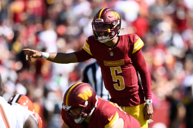 Commanders quarterback Jayden Daniels (5) calls a play against the Browns on Oct. 6, 2024, in Landover, Md. (Nick Wass/AP)