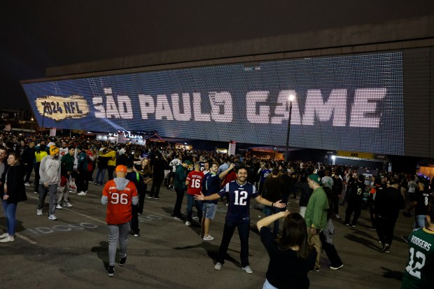 Fans gather before an Eagles-Packers game on Sept. 6, 2024, at the Neo Quimica Arena in Sao Paulo. (Gregory Payan/AP)