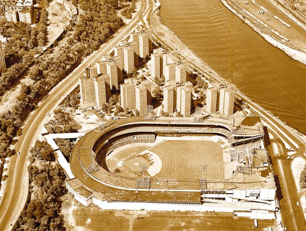 ** ADVANCE FOR WEEKEND EDITIONS, APRIL 11-12 ** FILE - In this April 7, 1963 file photo, an aerial view of New York's Polo Grounds home of the New York Mets is shown. When the Mets joined the National League in 1962, they played at the Polo Grounds, a rickety ballpark on its last legs. The original Polo Grounds opened for business in 1880 and the one the Mets used was its fourth incarnation, constructed in 1911. (AP Photo/File)