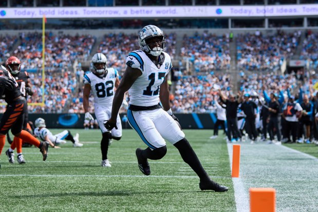 Panthers wide receiver Xavier Legette reacts after scoring a touchdown against the Bengals on Sept. 29, 2024, in Charlotte, N.C. (Brian Westerholt/AP)