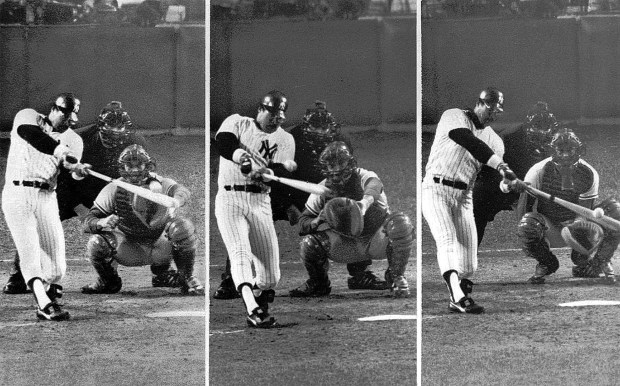 ** ADVANCE FOR WEEKEND EDITIONS, OCT. 19-20 -- FILE -- ** New York Yankees' Reggie Jackson connects for three home runs in game 6 of the World Series at Yankee Stadium in New York, in this Oct. 18, 1977 photo. From left, Jackson homered in the fourth inning off Burt Hooton; fifth inning off Dodgers pitcher Elias Sosa; and eighth inning off Charlie Hough. Jackson made baseball's championship series his personal showcase. A career .262 hitter, he batted .357 in 27 World Series games and was nicknamed after his favorite month _ Mr. Oct.. (AP Photo/stf)