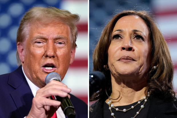 This combination of file photos shows Republican presidential nominee former President Donald Trump, left, speaking at at a town hall on Oct. 20, 2024, in Lancaster, Pa., and Democratic presidential nominee Vice President Kamala Harris, right, speaking at a campaign rally on Oct. 14, 2024, Erie, Pa. (AP Photo)