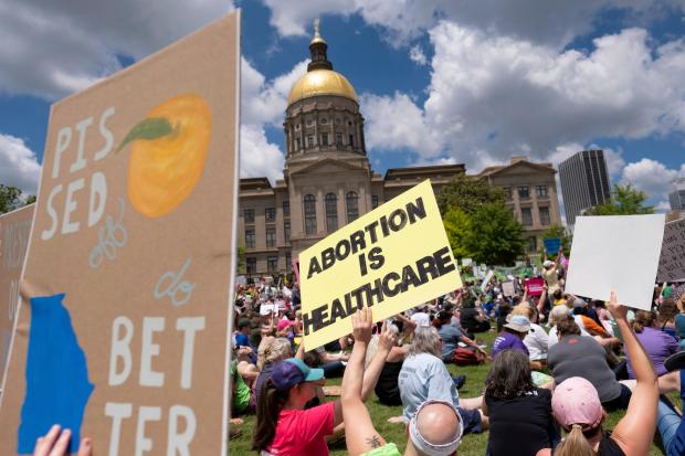 Abortion rights protesters rally near the Georgia state Capitol in Atlanta, on May 14, (Ben Gray/Atlanta Journal-Constitution)