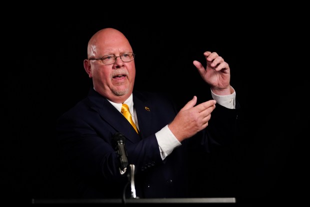 Libertarian Donald Rainwater participates in the Indiana Gubernatorial debate with Indiana Republican Gov. Eric Holcomb and Democrat Woody Myers, Tuesday, Oct. 20, 2020, in Indianapolis. The candidates were in separate studios to allow for social distancing guidelines.