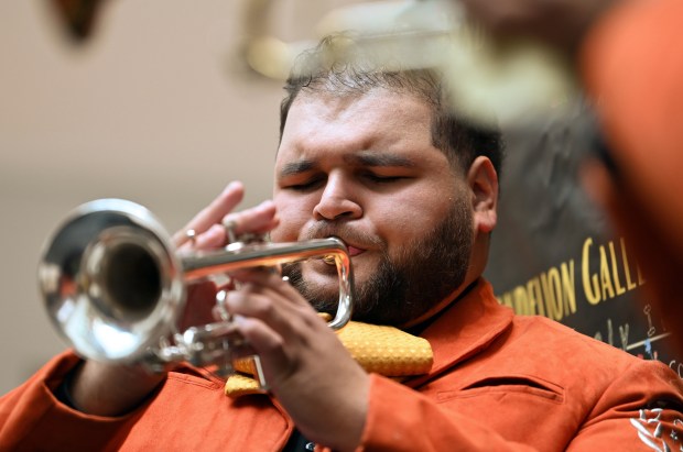 Cesar Bernal of Woodstock plays trumpet with Mariachi Contreras de Abraham Bernal of Woodstock on Oct. 12, 2024 at the Hispanic Heritage Celebration at Hawthorn shopping mall in Vernon Hills. (Karie Angell Luc/Lake County News-Sun)