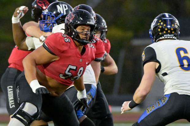 North Central's Sam Pryor (58) during a CCIW game against North Park in Naperville on Saturday, Oct. 19, 2024. (Mark Black / for the Naperville Sun)