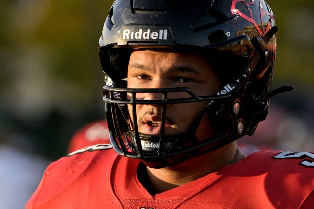 North Central's Sam Pryor (58) during warm ups before a CCIW game against North Park in Naperville on Saturday, Oct. 19, 2024. (Mark Black / for the Naperville Sun)