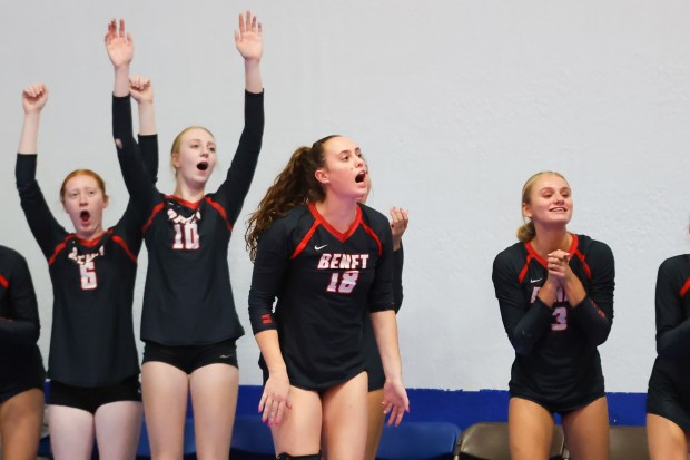 Benet's Sophia Pursley (18) cheers on her teammates during the St. Charles East Scholastic Cup Championship match against Normal West in Aurora on Saturday, Oct. 12, 2024. (Troy Stolt / for the Naperville Sun)