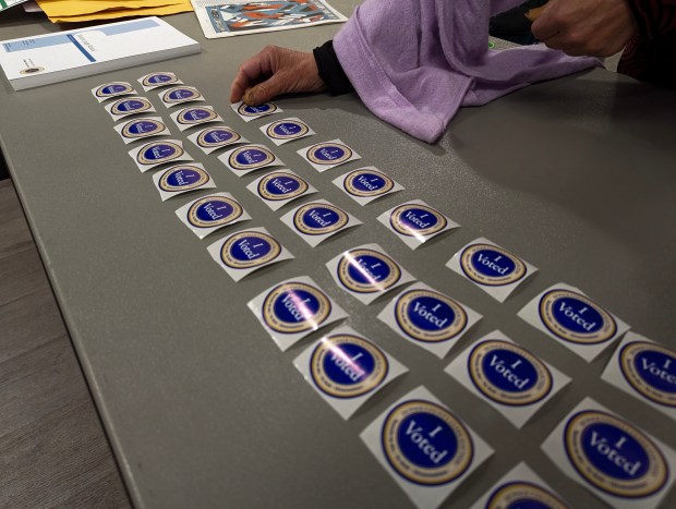 A volunteer lays out "I Voted" stickers at Nichols Library in Naperville during the Illinois primary election on March 19, 2024. (Tess Kenny/Naperville Sun)