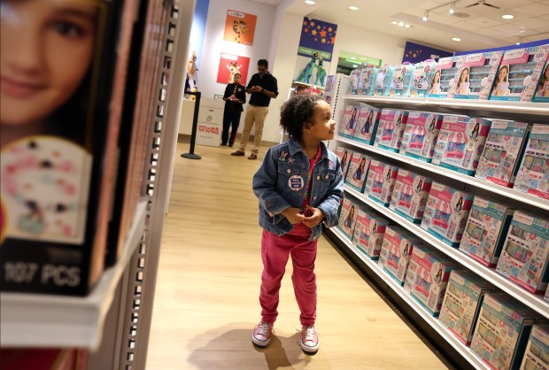 Symphani Finner, 5, of Chicago shops for that special toy during the grand opening Oct. 26, 2024 of Toys"R"Us store in the Harlem Irving Plaza mall in Norridge. (James C. Svehla/for Pioneer Press)