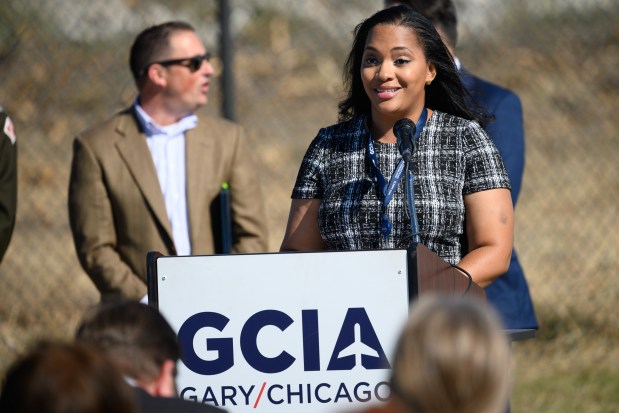 Gary/Chicago International Airport Authority board member Millicent Macon speaks before a groundbreaking ceremony to mark the start of construction on an approximately $24 million infrastructure enhancement plan at the facility on Tuesday, Oct. 8, 2024. (Kyle Telechan/for the Post-Tribune)