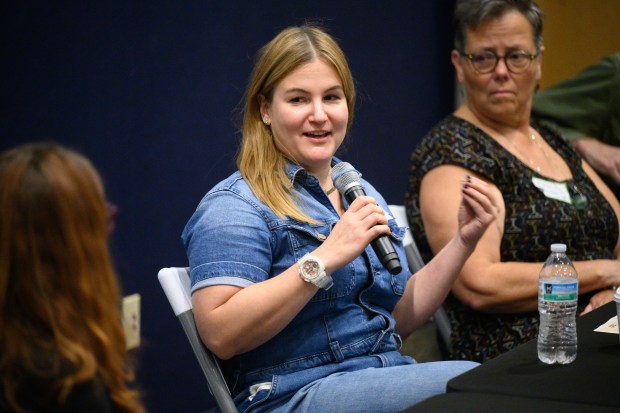 Preservation Futures archiectural historian Elizabeth Blasius answers questions during a panel at the Calumet Heritage Conference on Saturday, Oct. 5, 2024. (Kyle Telechan/for the Post-Tribune)