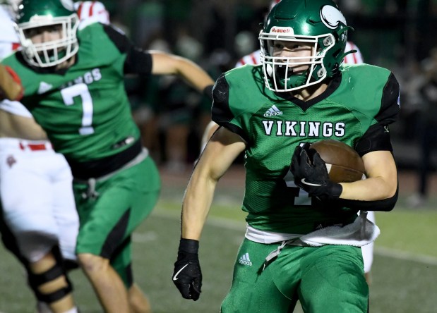 Valparaiso's Thomas Burda carries the ball during the Vikings home game against Crown Point in Valparaiso, Indiana Friday Sept. 27, 2024. Crown Point went on to win 41-7. (Andy Lavalley for the Post-Tribune)