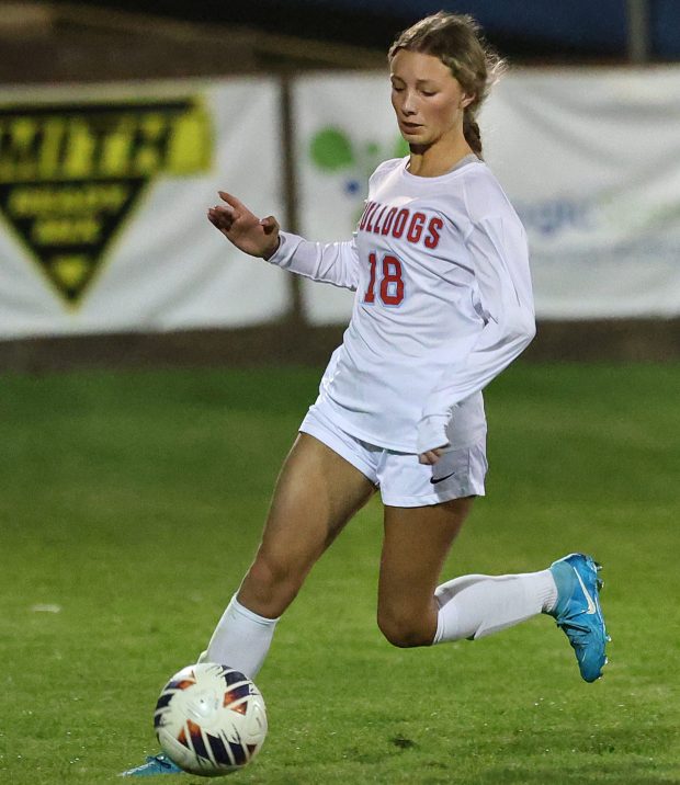 Crown Point's Izzy Sainato brings the ball up field during the Class 3A Lake Central Sectional semifinal soccer match against Lake Central in St. John, In. on Oct. 10, 2024. (John Smierciak/for the Post Tribune)