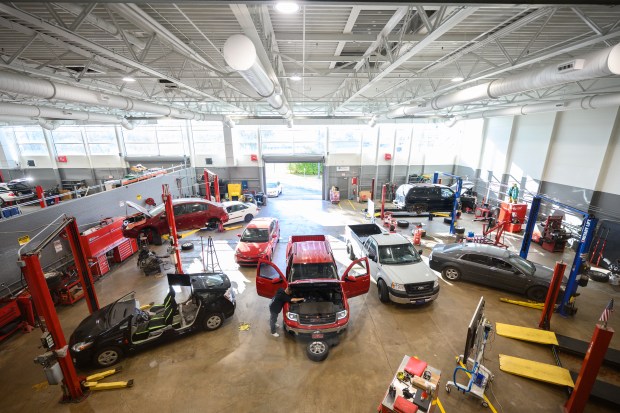 A newly-renovated automotive area can be seen at the Ivy Tech Community College East Chicago location during a celebration the completion of improvements to the building on Tuesday, Oct. 8, 2024. (Kyle Telechan/for the Post-Tribune)