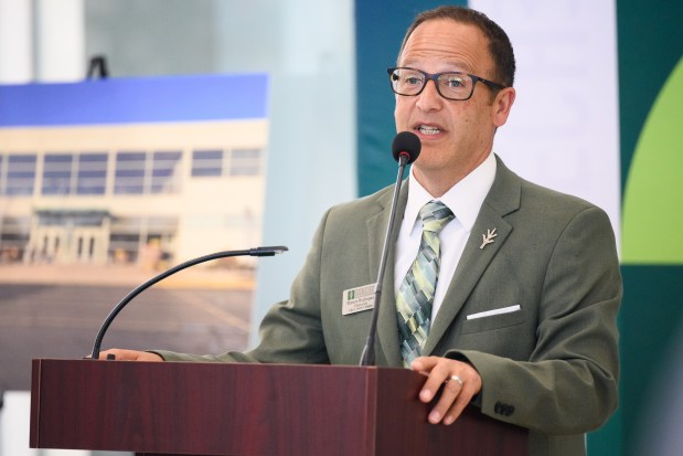 Ivy Tech Lake County campus chancellor Marcos Rodriquez speaks during a celebration of improvements at the school's East Chicago campus on Tuesday, Oct. 8, 2024. (Kyle Telechan/for the Post-Tribune)