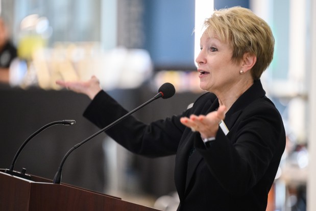 Ivy Tech president Sue Ellspermann speaks during a celebration of improvements at the school's East Chicago campus on Tuesday, Oct. 8, 2024. (Kyle Telechan/for the Post-Tribune)