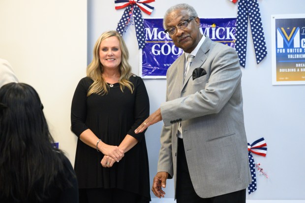 Indiana State Senator Lonnie Randolph, D-East Chicago, introduces Democratic candidate for governor Jennifer McCormick during a visit to the Harris/Walz Campaign Headquarters in Gary on Thursday, Oct. 10, 2024. (Kyle Telechan/for the Post-Tribune)