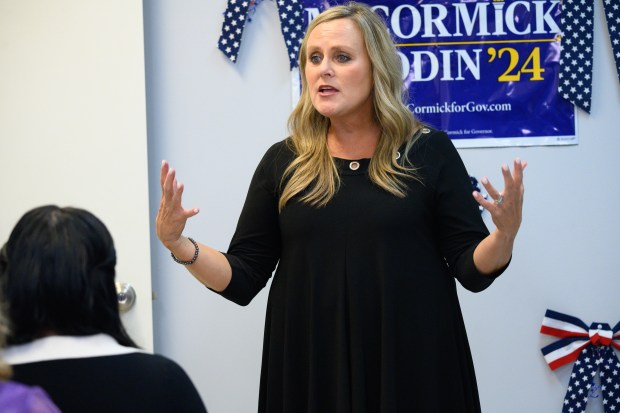 Democratic candidate for governor Jennifer McCormick speaks during a visit to the Harris/Walz Campaign Headquarters in Gary on Thursday, Oct. 10, 2024. (Kyle Telechan/for the Post-Tribune)