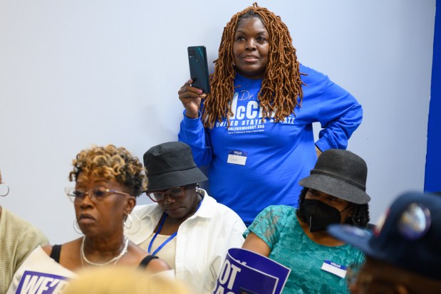 NWI Harris/Walz HQ community coordinator Benita White asks a question to Democratic candidate for senate Valerie McCray during a discussion at the Harris/Walz Campaign Headquarters in Gary on Thursday, Oct. 10, 2024. (Kyle Telechan/for the Post-Tribune)