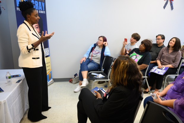 Democratic candidate for U.S. Senate Valerie McCray speaks during a visit to the Harris/Walz Campaign Headquarters in Gary on Thursday, Oct. 10, 2024. (Kyle Telechan/for the Post-Tribune)