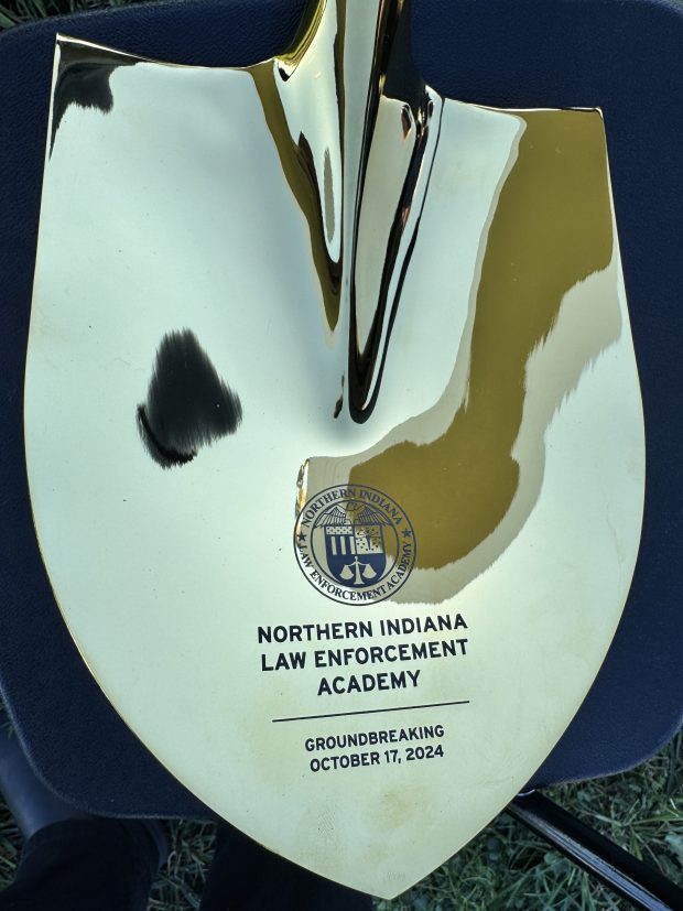 A commemorative shovel was engraved to mark the occasion of the Northern Indiana Law Enforcement Academy groundbreaking on Thursday. (Doug Ross/Post-Tribune)