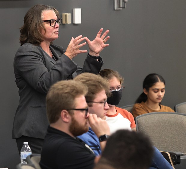 Lisa Goodnight, Vice Chancellor for Institutional Advancement asks the panel a question during a pre-election discussion which featured a panel of Purdue Northwest experts who broke down the pressing topics, challenges and decisions that could shape the future of our country on Monday, Oct. 21, 2024. (John Smierciak/for the Post Tribune)