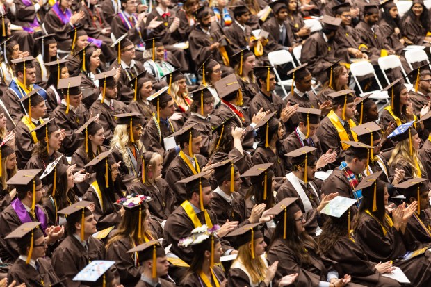 Valparaiso University class of 2024 clap for class members who gave the senior class class remarks during their commencement ceremony on Saturday, May 11, 2024, in Valparaiso. (Vincent D. Johnson/for the Post-Tribune)