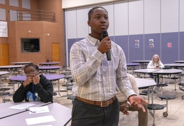 Eighth grader Jaiden Slewed, 13, answers a question during the Youth Town Hall held at Clifford Pierce Middle School in Merrillville, Indiana Saturday Oct. 19, 2024. The event offered a unique opportunity for Pierce Students to engage with community leaders, parents and each other on issues affecting their future.(Andy Lavalley/for the Post-Tribune)