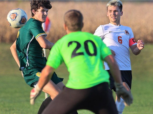 Beecher's Logan Wilkins (6) passes in front of the Grant Park goal during a soccer match on Wednesday, Oct. 2, 2024. (John Smierciak for the Daily Southtown)