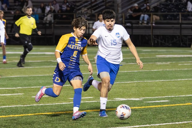 De La Salle's Alex Panduro (6) makes a run towards goal against Prosser during a non-conference game in Chicago on Thursday, Oct. 17, 2024. (Troy Stolt / for the Daily Southtown)