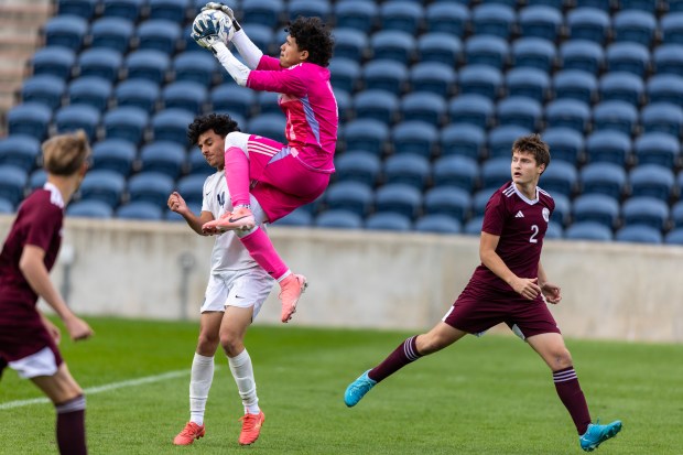 Argo's keeper Xavier Brant, flies through the air to grab a ball before Reavis's Issa Muthana (14) can make a play on the net during a South Suburban Red game at SeatGeek Stadium in Bridgeview on Monday, Oct. 14, 2024. (Vincent D. Johnson / for the Daily Southtown)