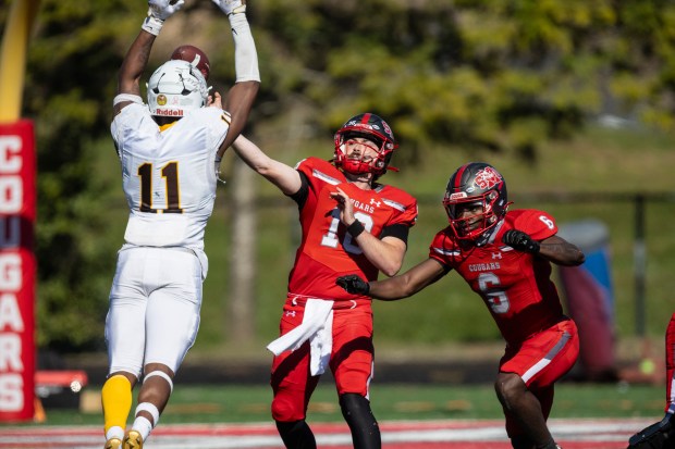 University of St. Francis' Matthew Perry (11) attempts to block a pass by Saint Xavier University' Stuart Ross (18) during a Midwest League conference game in Chicago on Saturday, Oct. 19, 2024. (Vincent D. Johnson / for the Daily Southtown)