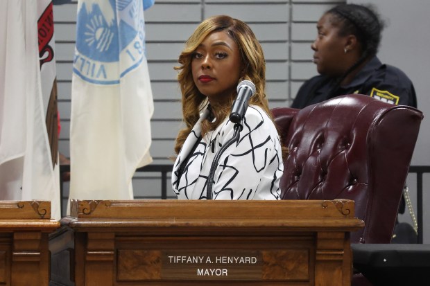 Dolton Mayor Tiffany Henyard before the start of a Dolton Village Board meeting on Aug. 5, 2024. (Terrence Antonio James/Chicago Tribune)