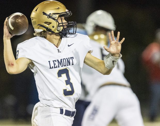 Lemont's Mike Preuss (3) throws against Hillcrest during a South Suburban Blue game in Country Club Hills on Thursday, Oct. 24, 2024. (Vincent D. Johnson / for the Daily Southtown)