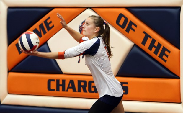 Stagg's Amelia Kadamus serves the ball to Chicago Christian during the volleyball game in Palos Hills on Friday, Oct. 9, 2024. (James C. Svehla / for the Daily Southtown)