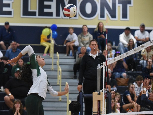 Oak Lawn's Maryam Hussein (6) goes up for a kill against Lemont during a South Suburban Conference match Tuesday, Oct. 1, 2024 in Lemont, IL. (Steve Johnston / Daily Southtown)