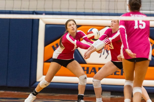 Sandburg's Lucie Chicvara, left, and Bella Maras go after the same ball during a Southwest Suburban game against Stagg in Palos Hills on Wednesday, Oct. 16, 2024. (Vincent D. Johnson / for the Daily Southtown)