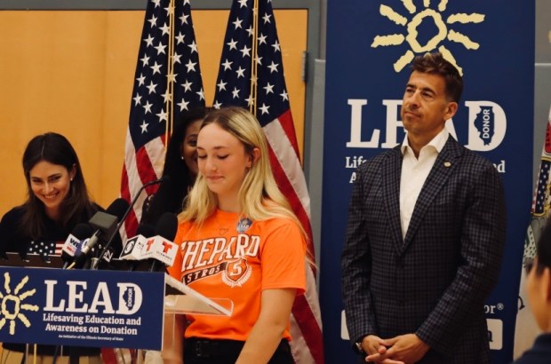 Senior at Allan B. Shepard High School, Morgan Lietz with Secretary of State Alexi Giannoulis at an event for the launch of the Lifesaving Education and Awareness on Donation (LEAD) program. Lietz spoke at the event in Sept. 2024. (Courtesy of Dan Lietz)