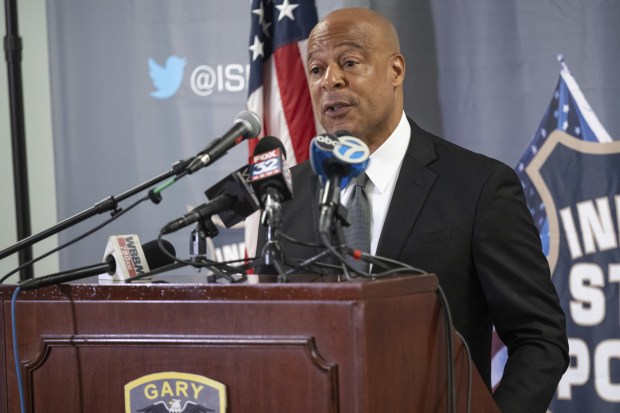 Gary Mayor Jerome Prince speaks during a press conference in response to comments made by the Gary Public Safety Committee during a meeting last week, on Monday, September 12, 2022. (Kyle Telechan for the Post-Tribune)