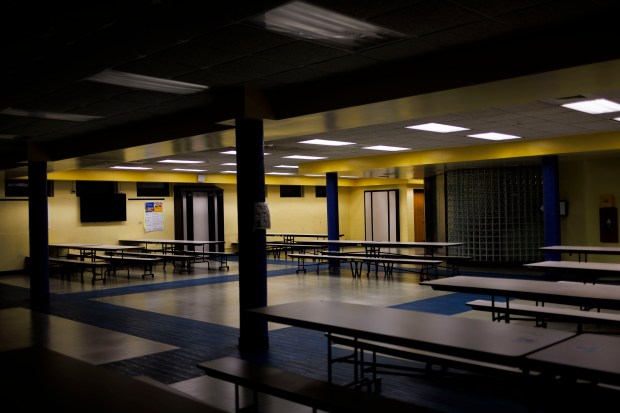 The cafeteria at Lincoln Middle School in Park Ridge is in the basement with only one exit and no fire sprinklers, Oct. 3, 2024. Park Ridge Niles School District 64 is asking for $89 million to update the 96-year-old building. (Armando L. Sanchez/Chicago Tribune)