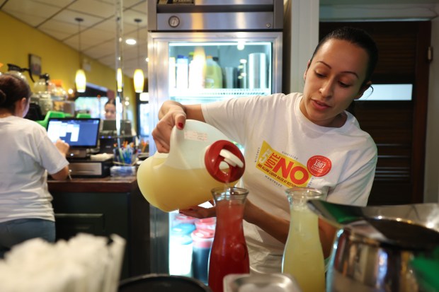 Paola Herrejon, server at XOchimilco Mexican Restaurant in Lincoln Square, pours a house-made virgin margarita mix for diners on Oct. 17, 2024. Herrejon and her sister, Lucia Herrejon, left, who owns the restaurant, are campaigning to ask residents of the 47th Ward, 9th Precinct, to vote no on a Nov. 5 ballot referendum that would keep in place a 1907 law prohibiting alcohol sales by businesses in the area. (John J. Kim/Chicago Tribune)