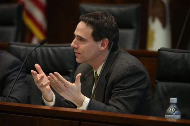 State Sen. Steve Stadelman speaks during an Illinois Senate Transportation Committee hearing on March 13, 2014. (Antonio Perez/Chicago Tribune)