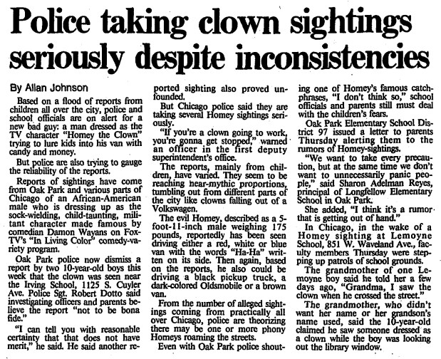 The Chicago Tribune reported on Oct. 11, 1991, that police were looking for Homey the Clown sightings in the city. (Chicago Tribune)