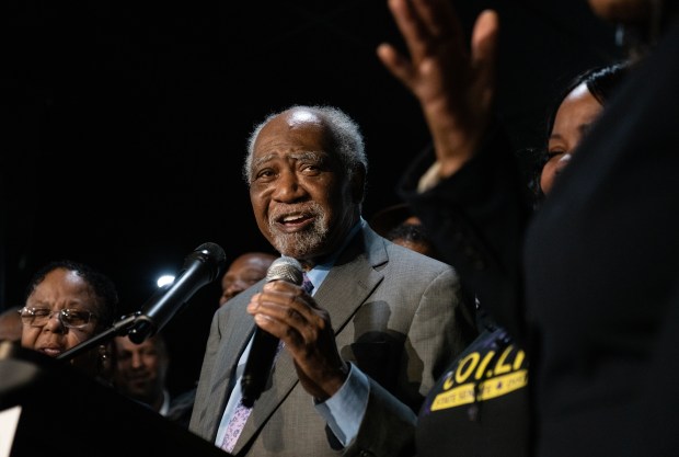 U.S. Rep. Danny Davis speaks at his election night party at the Westside Baptist Ministers Conference Center, March 19, 2024, in Chicago. (E. Jason Wambsgans/Chicago Tribune)