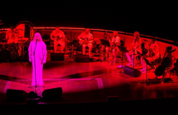 Anohni, center, of Anohni and the Johnsons, performs at the Chicago Symphony Center on Oct. 12, 2024. (Vincent Alban/for the Chicago Tribune)