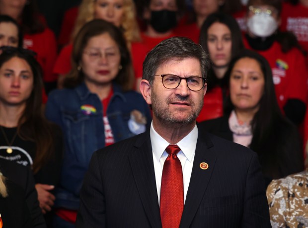 U.S. Rep Brad Schneider speaks at Highland Park City Hall, Feb. 3, 2023. (Stacey Wescott/Chicago Tribune)