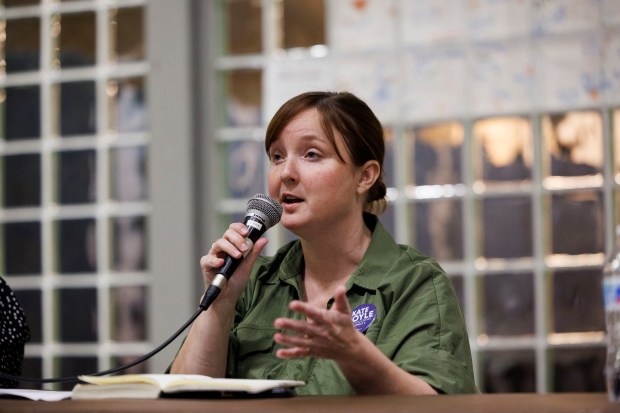 Kate Doyle attends a district two school board candidate forum at Northside College Prep on Oct. 1, 2024, in Chicago. (Armando L. Sanchez/Chicago Tribune)